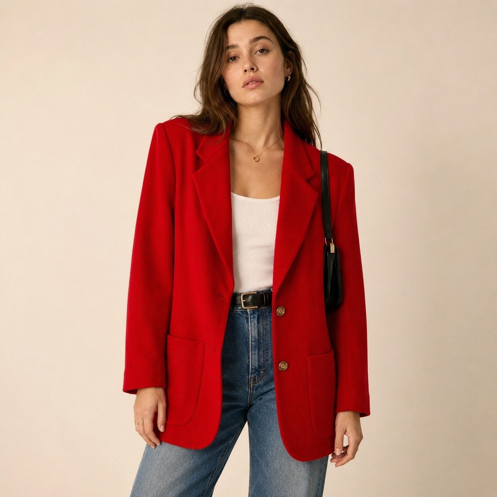 Vintage Chaus Red Wool Cashmere Blazer Jacket Size 6 90s Power Dressing Red